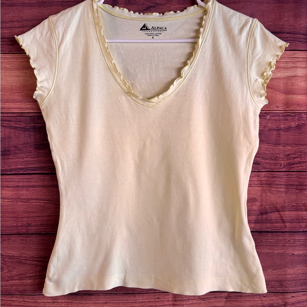 Alpaca International Pima Cotton V-Neck Lettuce Trim Cap Sleeve Tee Yellow S